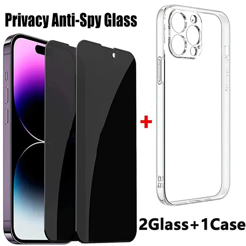 2PCS Anti-Spy Tempered Glass + 1PC Phone Case Set for iPhone 11–15 Series | Screen Protector & Protective Cover